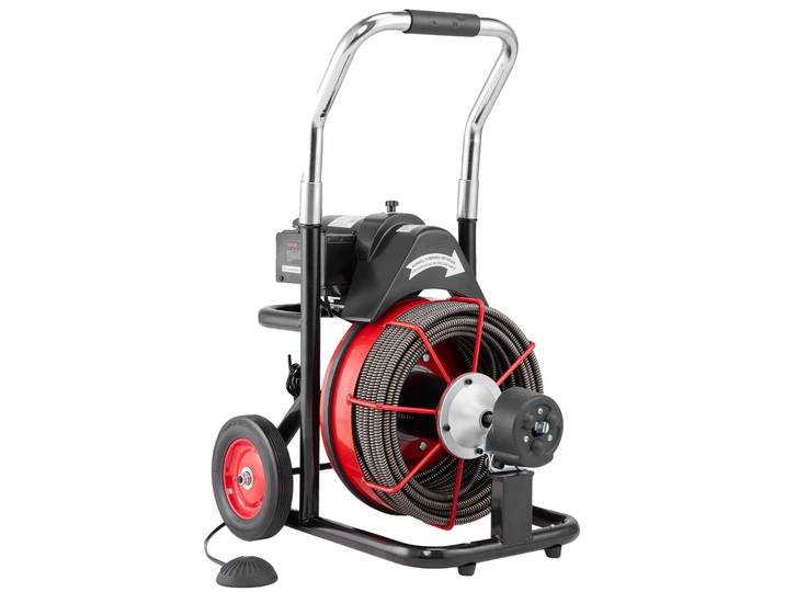 VEVOR Machine de nettoyage de tuyaux 100 pieds x 1/2 pouce\, spirale de nettoyage de tuyaux automatique sur roues\, machine de nettoyage de tuyaux portable 550 W avec 8 coupeurs et pédale deactivée par l'air