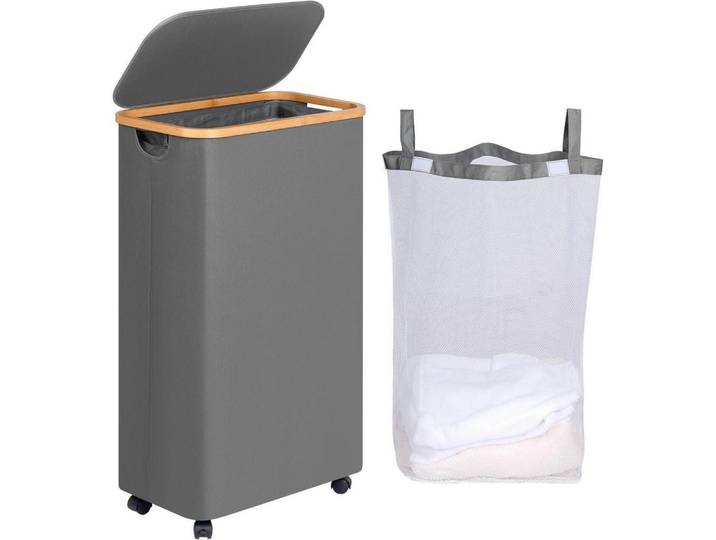 Wäschekorb mit Rollen und Deckel Grau 75L, 25.5x70x44 cm, Haushalt & Reinigung, Wäschepflege, Wäschekörbe & Wäschetonnen