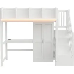 OKWISH Hochbett aus Holz in Weiß, 90x200 cm, mit Schreibtisch, Kleiderschrank, Stauraum und LED-Beleuchtung