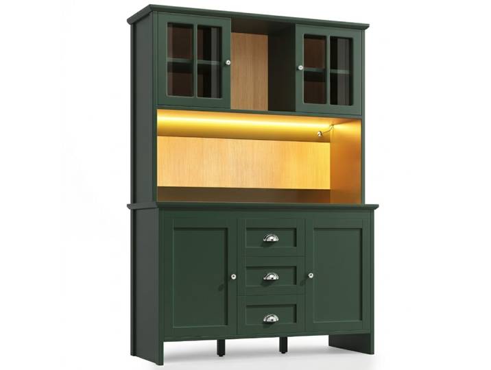 Buffet haut de cuisine vert, portes vitrées , LED