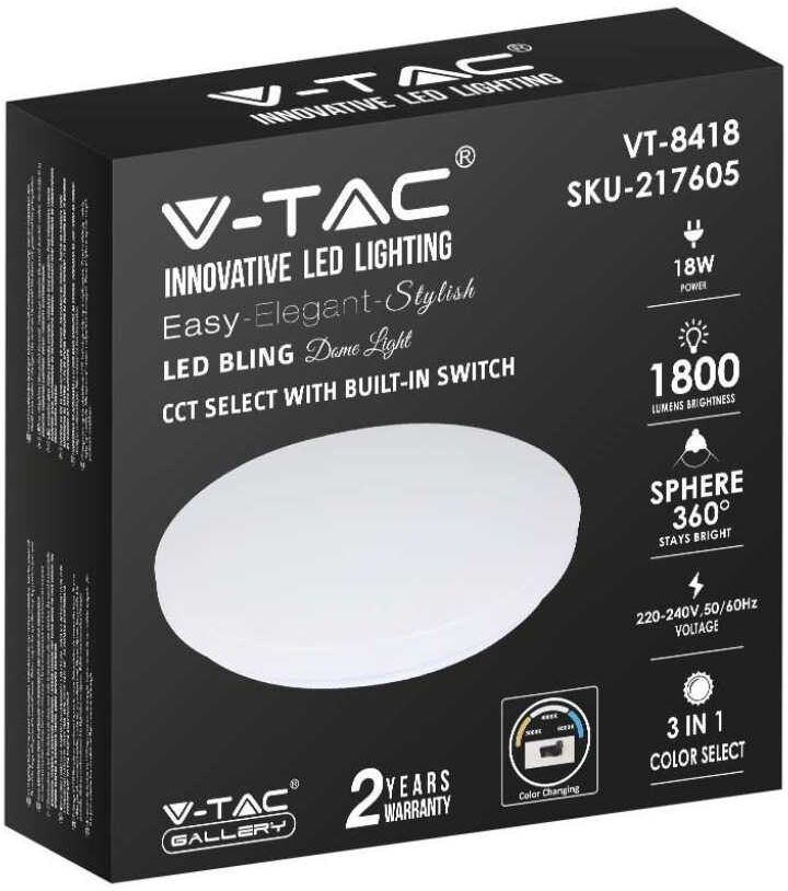 V-Tac Vt-8418 Plafoniera Led 18w Rotonda Bianca Color Change 3in1 Cct Switch Interno Cover Opaca Satinata Ip20 - Sku 217605