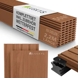 Juskys WPC Terrassendielen 50 m2 – 220 cm Dielen, wetterfest inkl. Unterkonstruktion – Teak