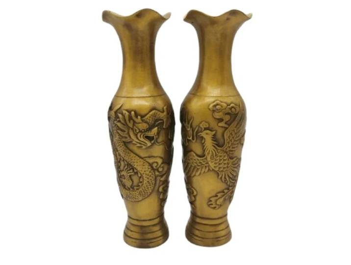 8.5 laiton chinois Fengshui zodiaque Animal Dragon Phoenix Vase paire 1350g