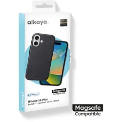 alkaya. LUCID MagSafe kompatible Lederschutzhülle für iPhone 16 Plus, Schwarz
