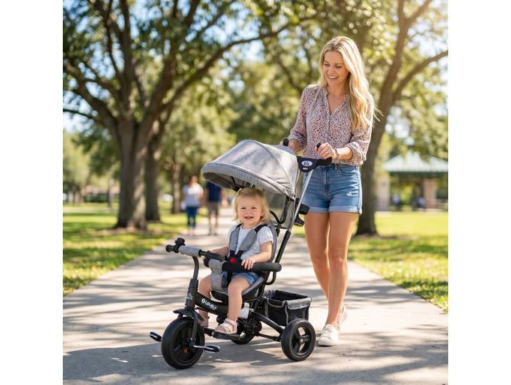 HOMCOM Tricycle Évolutif Gris Noir Pare-Soleil Acier