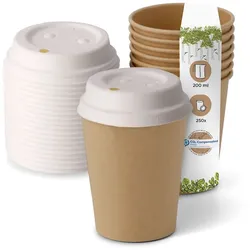 BIOZOYG 250 Stück Kaffeebecher mit passenden Pappdeckeln 200ml / 8oz Einwegbecher Pappbecher Kaffeetassen ungebleicht kompostierbar nachhaltig
