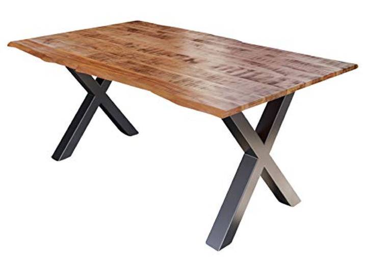 SAM Esstisch Dora 220x100 cm Mangoholz Baumkante X-Gestell silber Baumkantentisch massiv, naturfarben lackiert, 26 mm Tischplatte, Metallgestell
