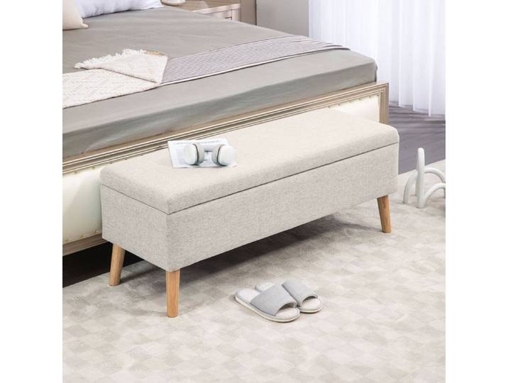 Banc coffre rembourré beige 110 x 39 x 45 cm style scandinave rangement intégré aspect lin
