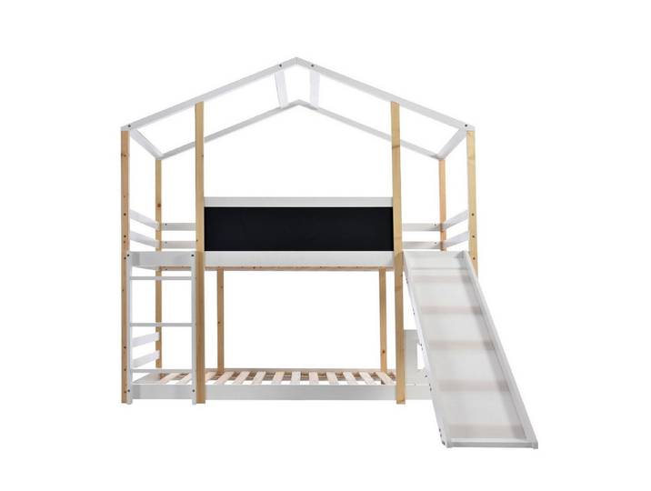 kowdom Kinderbett Kinderbett Baumhaus Hochbett mit Rutsche & Leiter 90x200cm Natur (Set, Bettgestell + 2 Lattenroste + Rutsche + Leiter), Baumhaus-Design, Rutsche, Leiter, Tafel, EN 747-1:2024