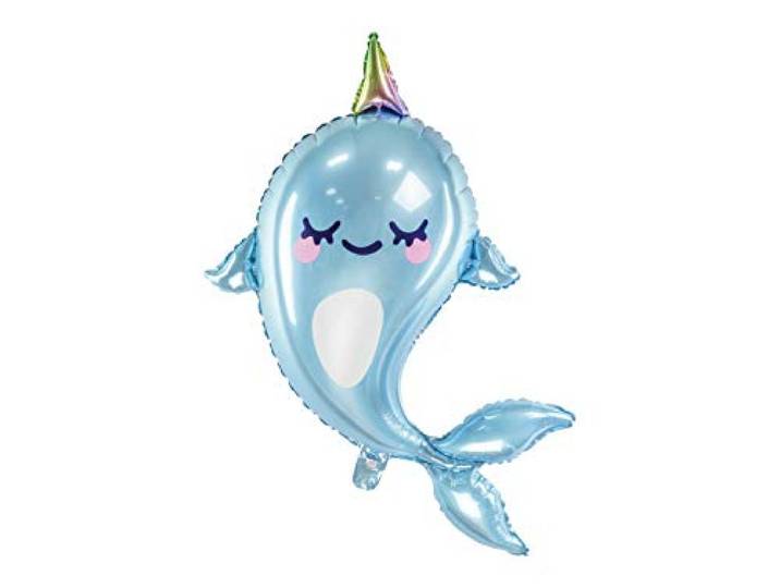 partydeco. pl XXL Narwal heliumballon lichtblauw metallic/folieballon walvis eenhoorn walvis