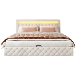 OKWISH Polsterbett 180x200 mit LED-Beleuchtung Stauraum ,Boxspringbett Optik ,Kunstleder Bettgestell,Modernes Bett mit Kopfteil LED Licht Weiß