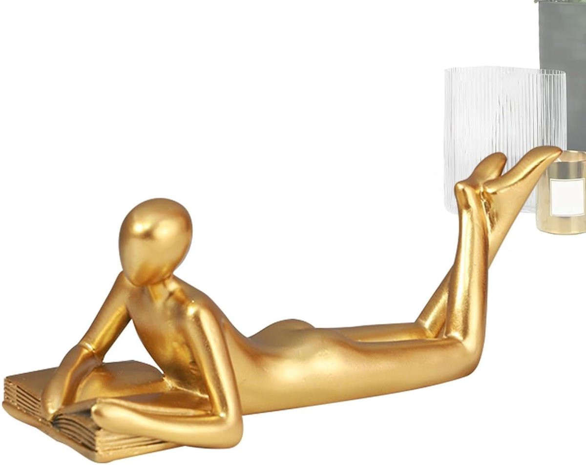 Lezend Denker Beeld - Abstracte Hars Sculptuur - Goud - Hoogte: 18.5 cm