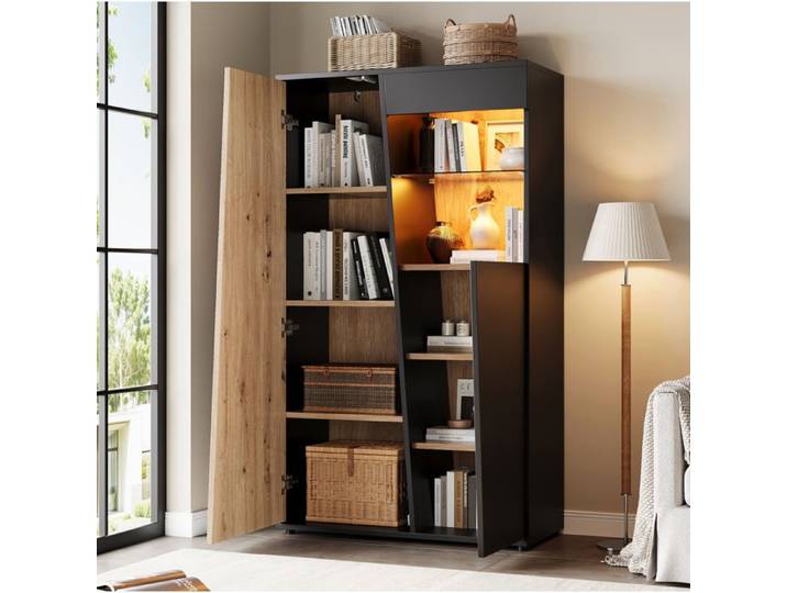 SENVIRO Vitrine haute 2 portes 80 x 35 x 139 5 cm 7 étagères LED Bluetooth noir et bois naturel