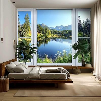 3D-Wandteppich mit Naturmotiv: Fensterblick, schneebedeckter Bergsee, Spiegelung – eine ruhige Landschaftsdekoration für Schlafzimmer, Wohnzimmer oder Büro.
