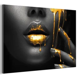 METALLBILD Frau - Schwarz - Gold - Gesicht - Lippen Wandbild 60x40 cm