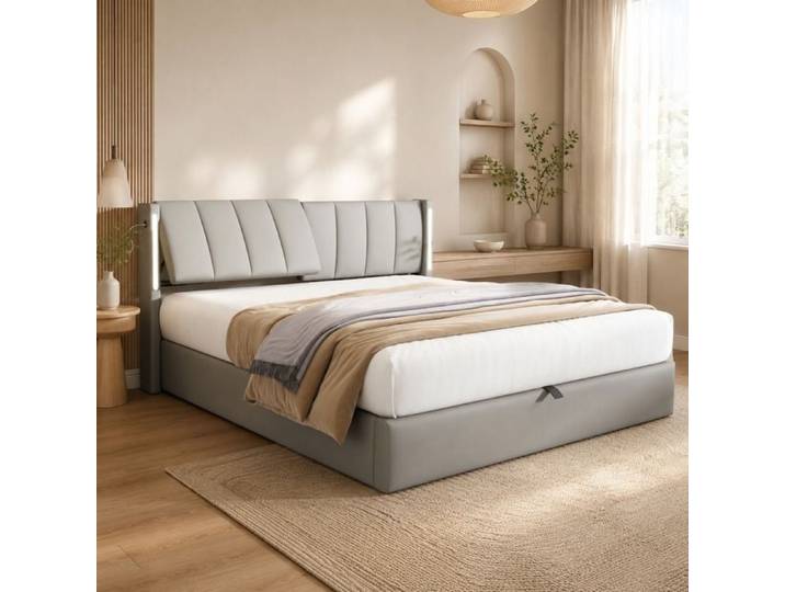 Lit coffre rembourré FloraGrace 140x190 cm PU gris