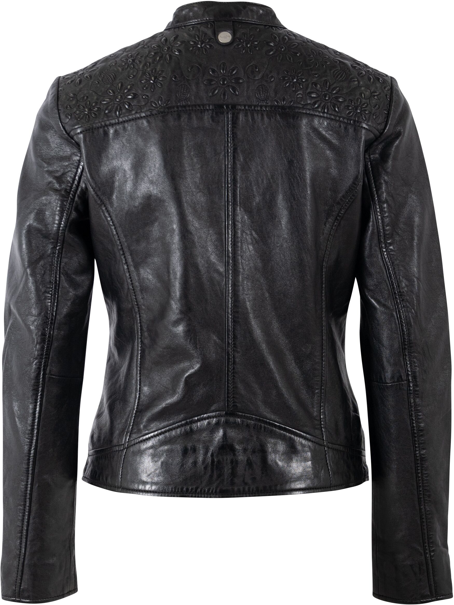 Lederjacke MAURITIUS "MWMabou", Damen, Gr. XS (34), schwarz, Obermaterial: 100% Schafsleder. Futter: 100% Polyester. Ärmelfutter: 100% Polyester, unifarben, regular fit hüftlang, abgesteppt, Jacken Lederjacke, Bikerjacke mit dekorativer Schulterpartie sch