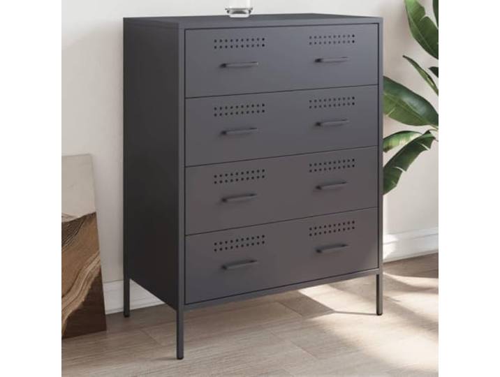 HEFZGDB Industrie-Stil Sideboard mit Stahlgestell in Anthrazit, stabiles Sideboard mit Wandhalterung gegen Umkippen, mit Vier Schubladen Stauraum, pflegeleichtes zur einfachen Reinigung,