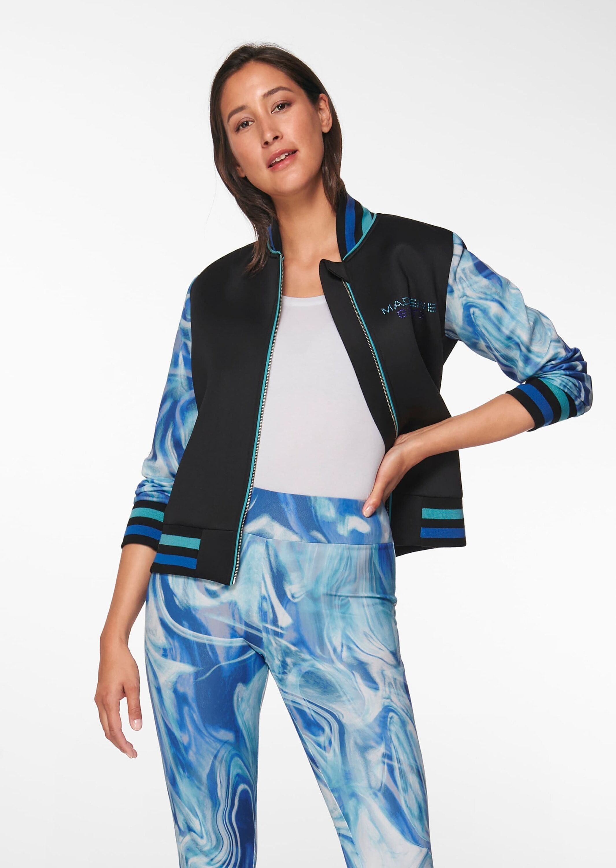 Outdoorjacke MADELEINE "Jacke Fitness-Jacke", Damen, Gr. 36, schwarz (schwarz, multicolor), Obermaterial: 95% Polyester PES. 5% Elasthan EL., Modern, Jacken Outdoorjacke