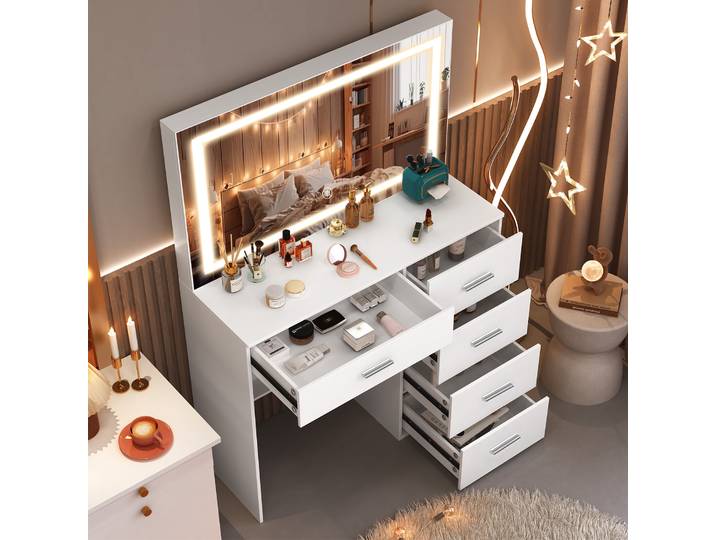 Table de maquillage moderne blanche avec miroir éclairé par LED et plusieurs tiroirs de rangement, bureau de maquillage cosmétique pour chambre à coucher