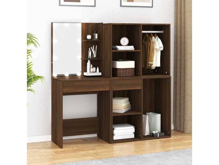 Coiffeuse - MAISON EXCLUSIVE - Ensemble avec miroir et tabouret - LED USB - Chêne marron - Bois d'ingénierie