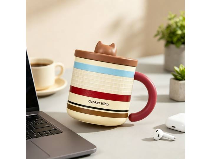 Meow Encounter Gobelet de bureau 450 ml – Marron vintage à carreaux