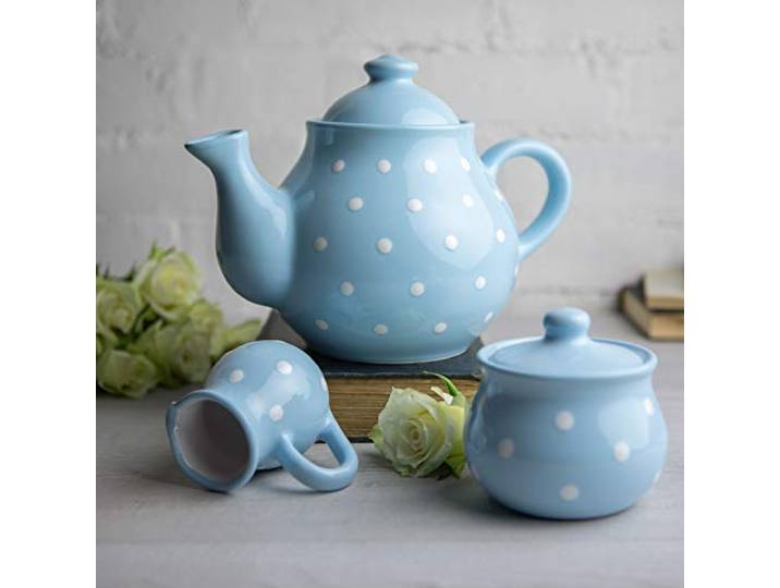 City to Cottage - Großes Tee Set Hellblau und Weiß Polka Dots Handgemacht Keramik Teekanne 1,7 Liter, Milchkännchen, Zuckerdose
