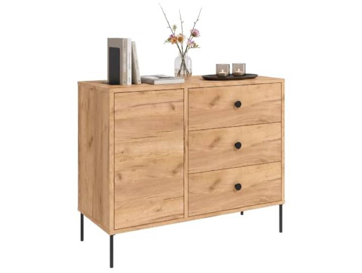 CraftPAK Sideboard Wohnzimmerschrank mit Stauraum Kommode mit Tür & 3 Schubladen Retro Loft Design Craft Gold