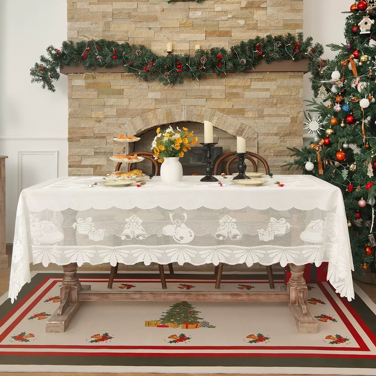 INF Festliche Weihnachts-Spitzentischdecke - Gestickte Polyester-Feiertagsdekoration L Weiß