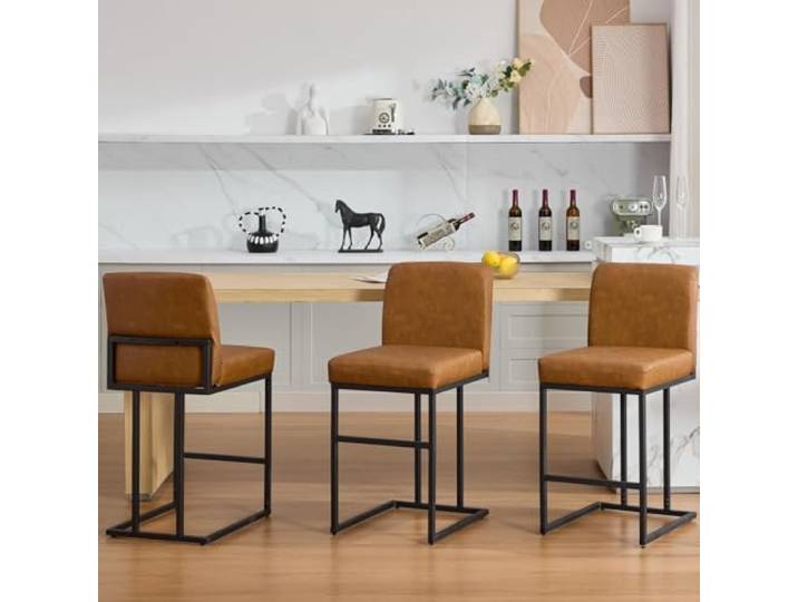 IDEALHOUSE Barhocker Set 3er – Moderne Küchenbarhocker Mit Rückenlehne Kunstleder gepolstert, stabiles Metallgestell mit Fußstütze, Sitzhöhe 61 cm – Braun/Schwarz