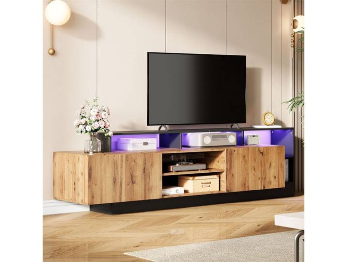 Meuble TV - ZEVKOR - 190x40x48 5 cm - 2 portes abattantes - Rangement ouvert - LED USB