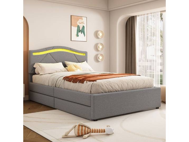 CollaHausse Lit Capitonné 90x200cm LED 2 Tiroirs Tête Réglable Lin Gris