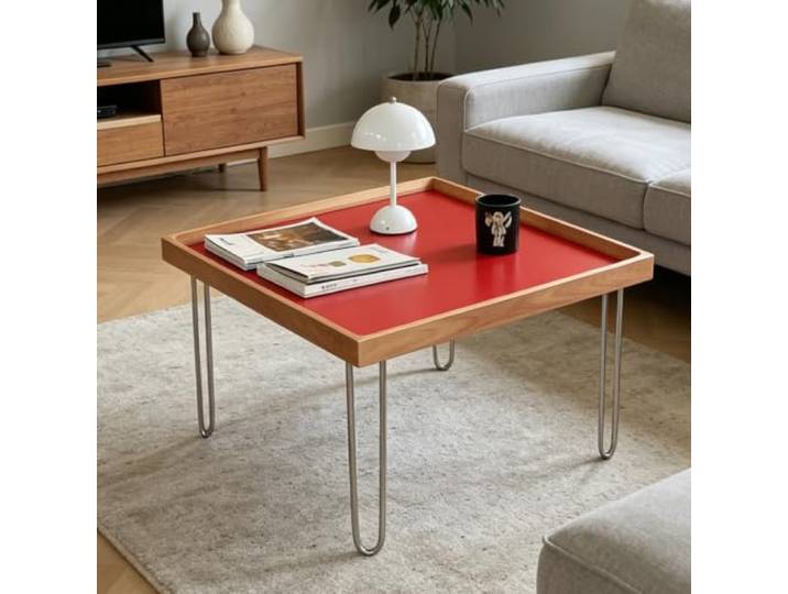 Couchtisch mit Massivholzplatte, Edelstahlgestell in leuchtender Farbe Moderner luxuriöser Couchtisch,flacher Dekortisch im minimalistischen Stil für Wohnzimmer(Red)