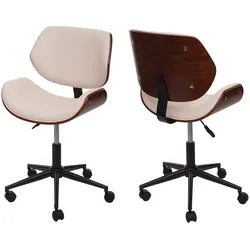 Bürostuhl MCW-G25, Drehstuhl Schreibtischstuhl, Bugholz Walnuss-Optik Retro drehbar höhenverstellbar MVG ~ creme