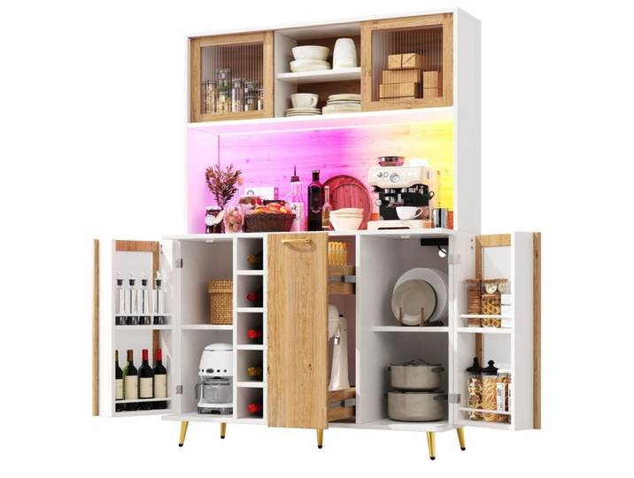 Buffet haut - HIBA - Buffet haut Cuisine 120×40×170 cm - Éclairage LED - 5 portes & tiroir central - Étagères réglables