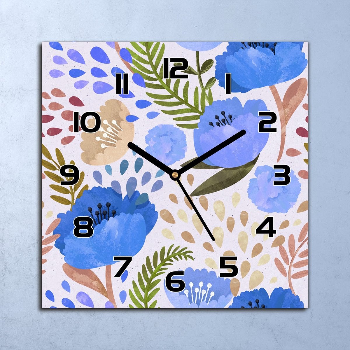 Coloray Wandklok Blauw - Weide vol wilde bloemen - Vierkant Glas - 30 x 30 cm