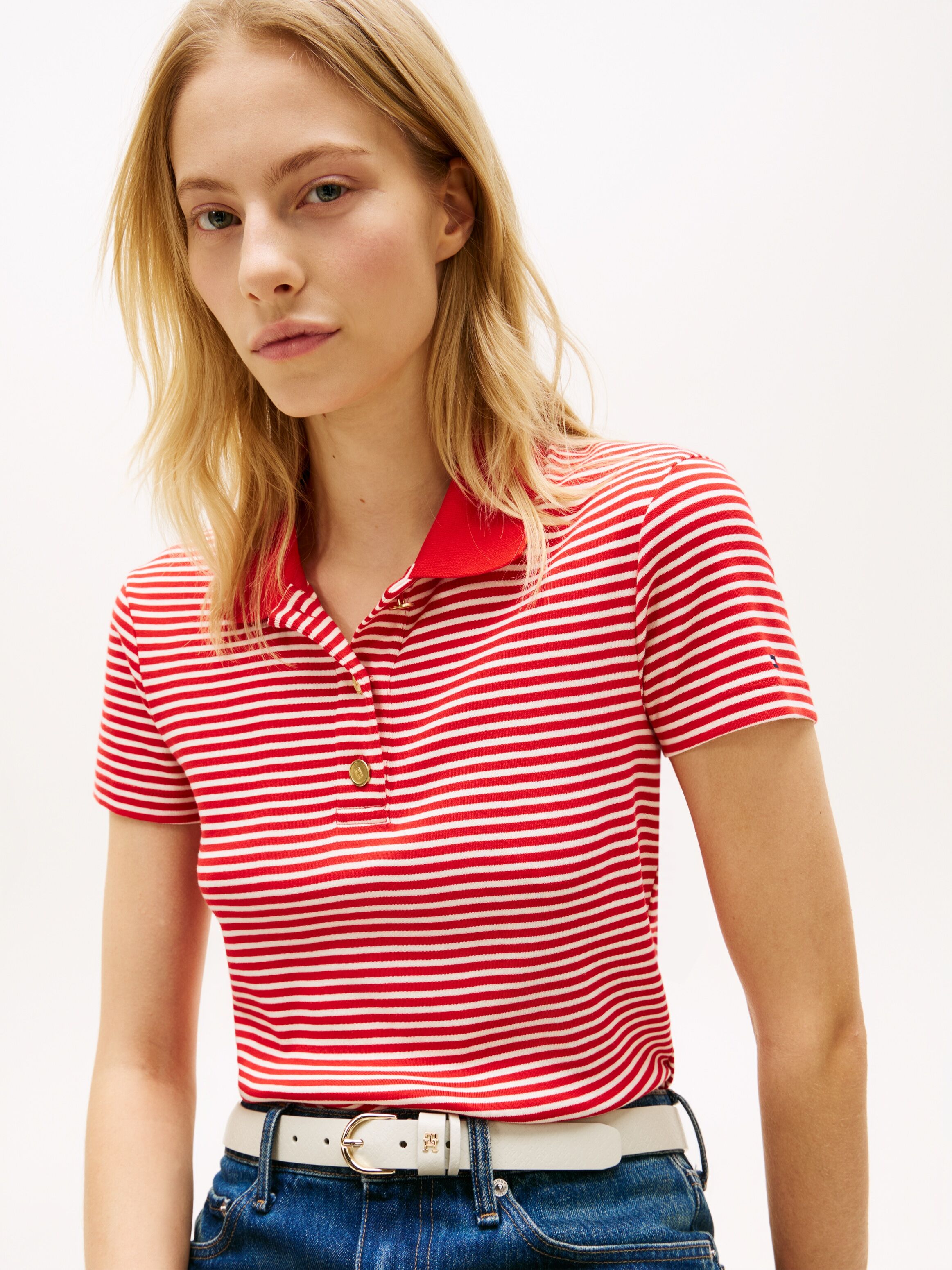 Poloshirt TOMMY HILFIGER "GOLD BUTTON SLIM SS POLO", Damen, Gr. XS (34), rot (small brt stp fireworks, calico), Single Jersey, Obermaterial: 100% Baumwolle, gestreift, slim fit, Shirts Poloshirt small brt stp fireworks, calico XS (34)