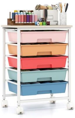 Costway 5-Drawer Rolling Cart with Wooden Tabletop and Metal Frame for Craft Room-Macaron