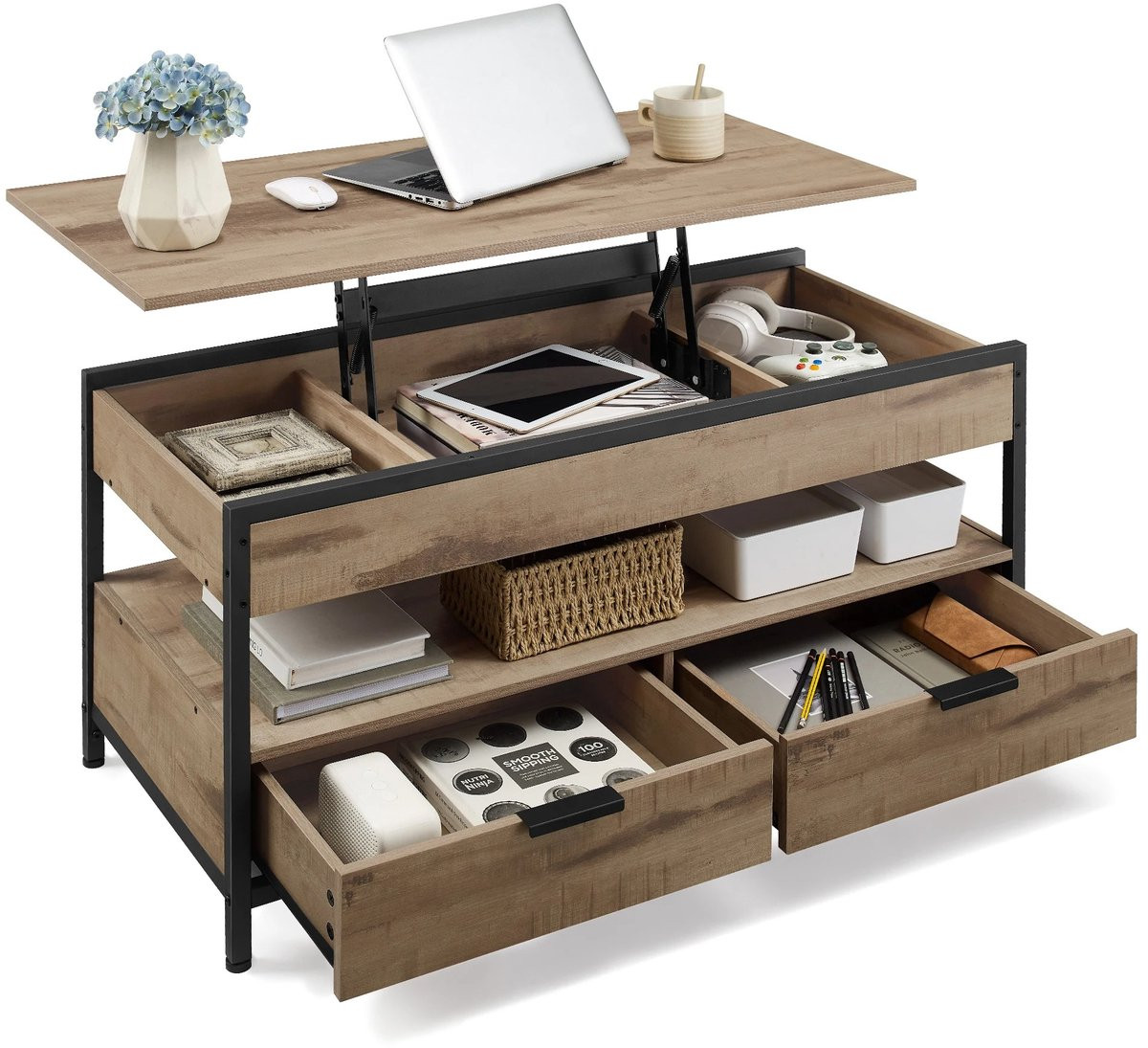 uJOY Salontafel met lift-top mechanisme in bruin met industrieel design