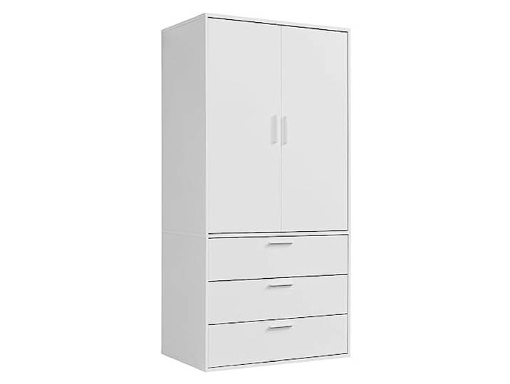 mokebo Kleiderschrank (90x187 cm) aus Holz 2-türig & 3 Schubladen 'Der Grenzenlose', modularer Schlafzimmerschrank, Garderobenschrank, Flurschrank, Drehtürenschrank o. Schrank in Weiß
