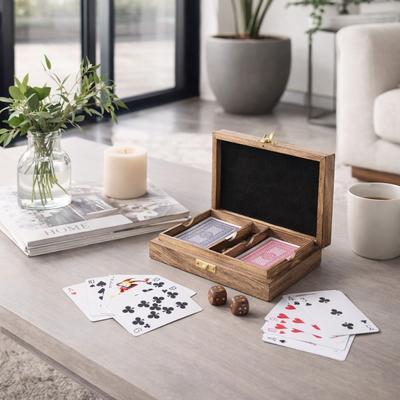 "Sagebrook Home's Mango Wood and Brass 7x5 Cards & Dice Box - Artisan Crafted, Brown, Ideal for Home Entertainers - 7"" x 5"" x 2"""