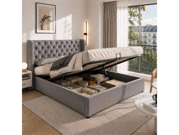 URTR Lit coffre rembourré 140x200 cm avec hydraulique rangement - Tête de lit auriculaire avec clous - Velours anti-poussière - Gris