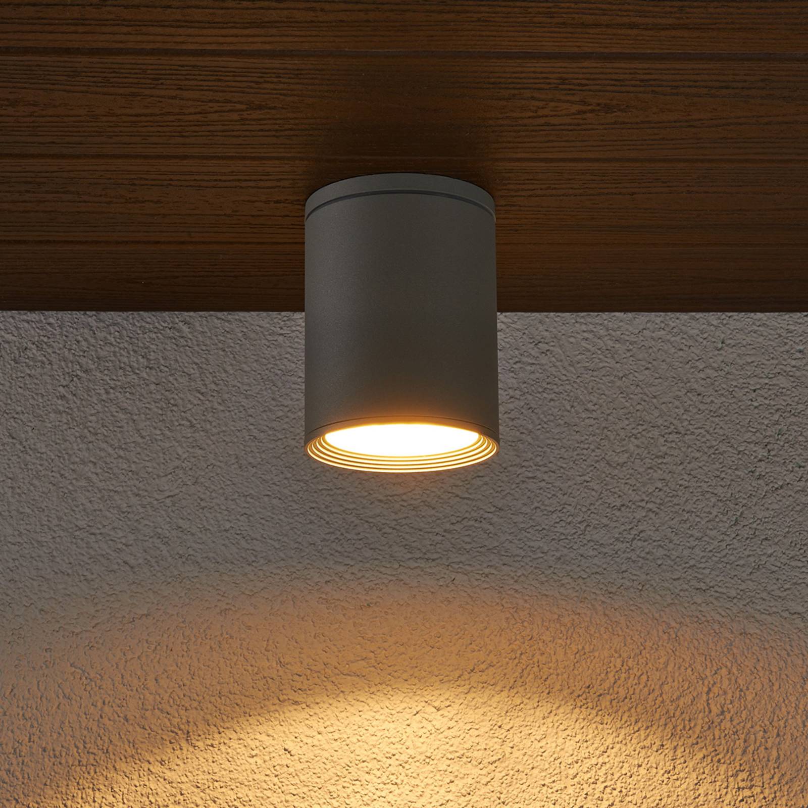Lucande Außendeckenstrahler Minna, silber, 14 cm, IP54, E27 Minna, alu / grau / zink, Aluminium, Modern