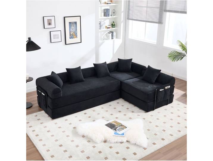 Canapé d'angle modulable 4 places compressé avec rangement et coussins - YEAVIO - en corduroy noir