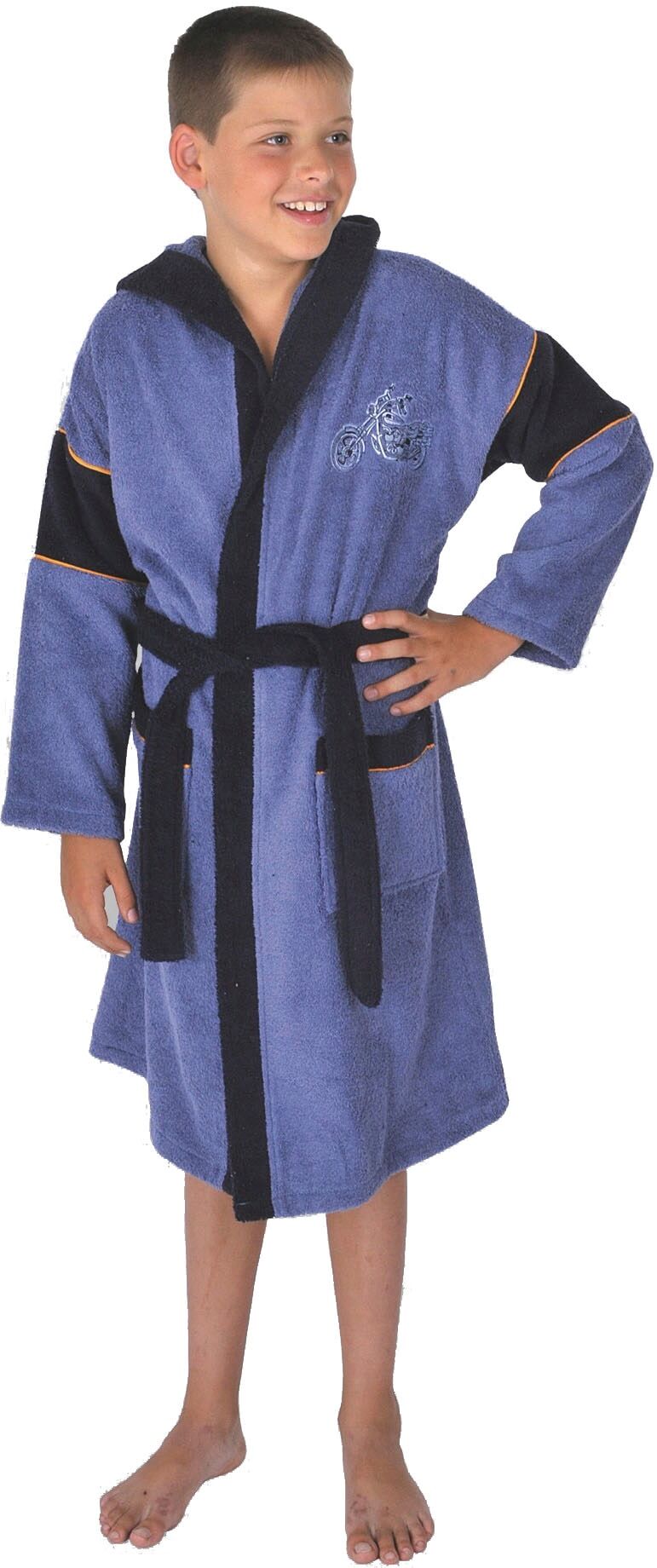 Kinderbademantel WÖRNER "Motorrad jeans" Gr. 152, blau, L:90cm, Baumwolle, Hausmäntel, Kinderbademantel, mit Stickerei, mit Taschen, maschinenwaschbar, trocknergeeignet