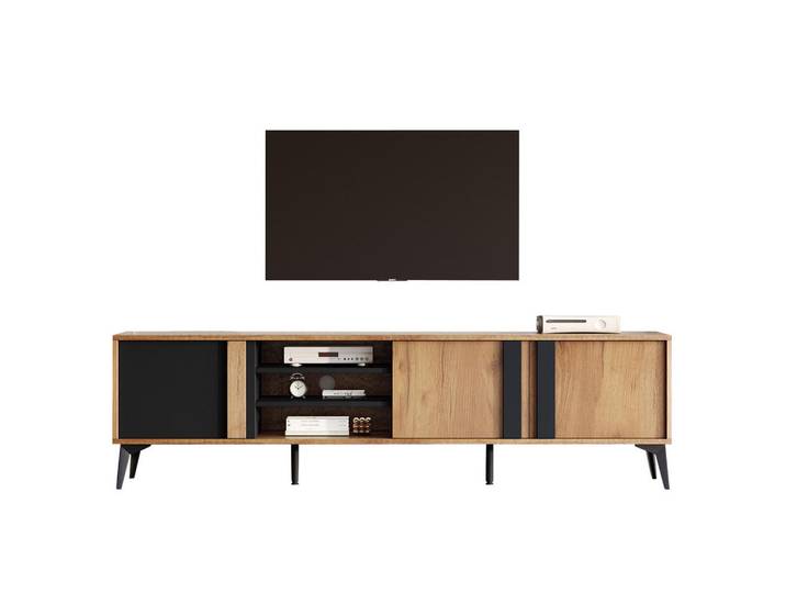 Flieks Tv-Schrank 180cm Lowboard rustikal Braun Tür & Fach bis 80 Zoll, Schwarz, Holz, 40x50x180 cm, Wohnzimmer, TV Möbel, Lowboards, Lowboards stehend