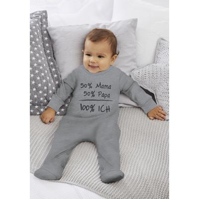 Schlafoverall KIDSWORLD "50% Mama, 50% Papa", Jungen, Gr. 62/68, N-Gr, grau, Interlock, Obermaterial: 100% Baumwolle, bedruckt, Basic, bequem, Rundhals, angesetztes Bündchen, Overalls, aus Bio-Baumwolle