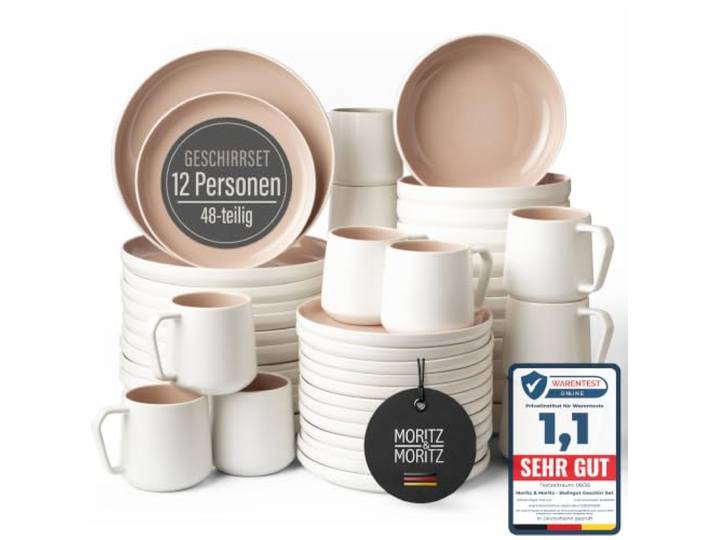 Moritz & Moritz Steingut Geschirrset 12 Personen mit Tassen 48-tlg. - Modernes Tafelservice in der Farbe Almond - Kombiservice mit Teller Set, Schüsseln & Tassen - Kaffeeservice - Serie Cavo