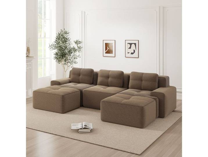 MEUBLIV Canape modulable en U 3 places avec ottomans velours cote marron sans montage
