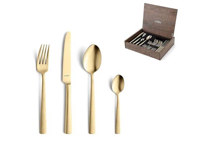 Amefa VENTURA Besteck Set 6 Personen, 24-tlg., 18/10 Edelstahl, PVD Gold mattiert, geradliniges Design, für Feierlichkeiten und Alltag, Handwäsche empfohlen, pflegeleicht, langlebig, rostfrei